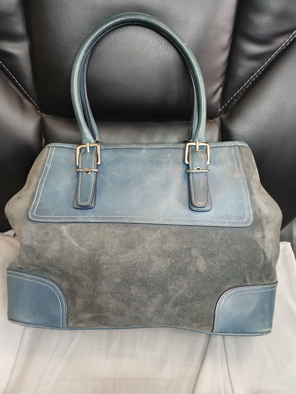 Vintage '04 Coach Blue Leather & Grey/Blue Suede Tote Bag